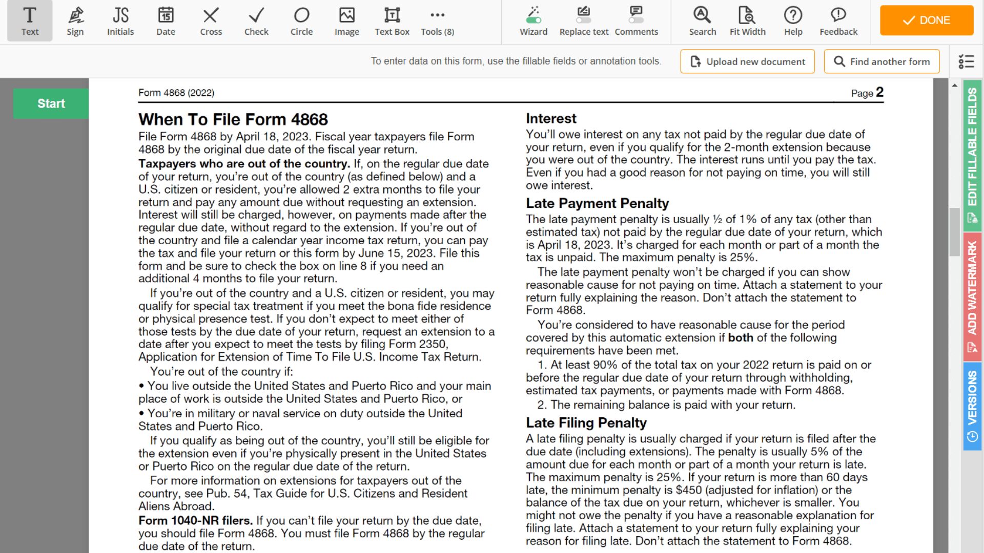 4868 Form Screenshot 2